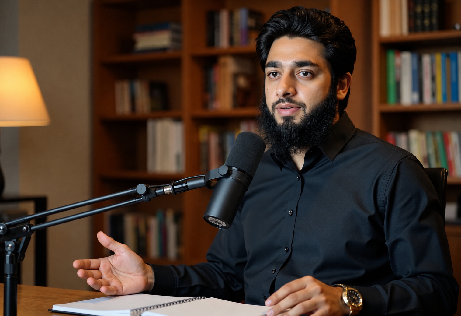 Musab at his desk, mid-recording